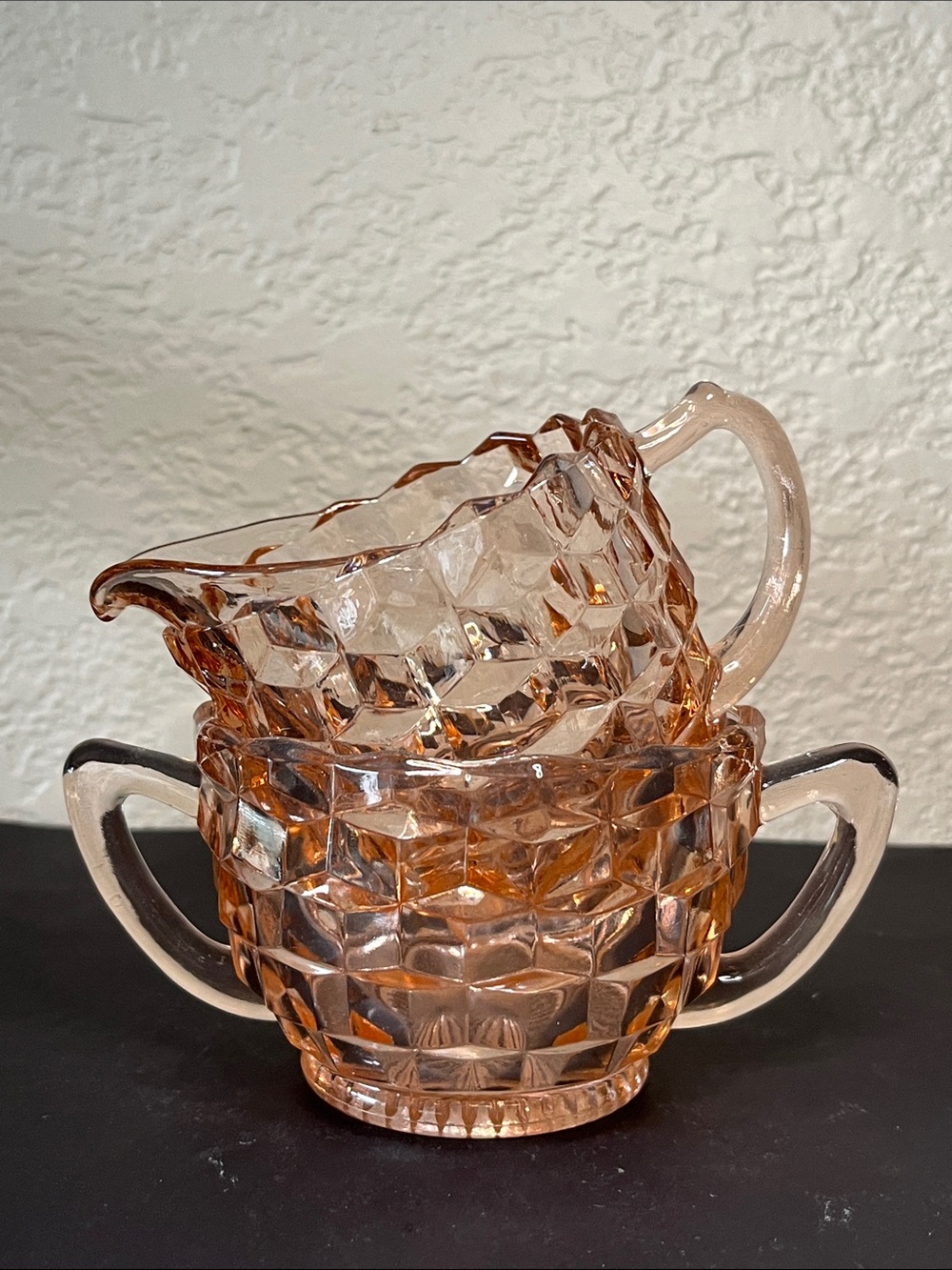 Vintage Jeannette Glass Cubist Pink Depression Glass Creamer & Sugar Bowl Set